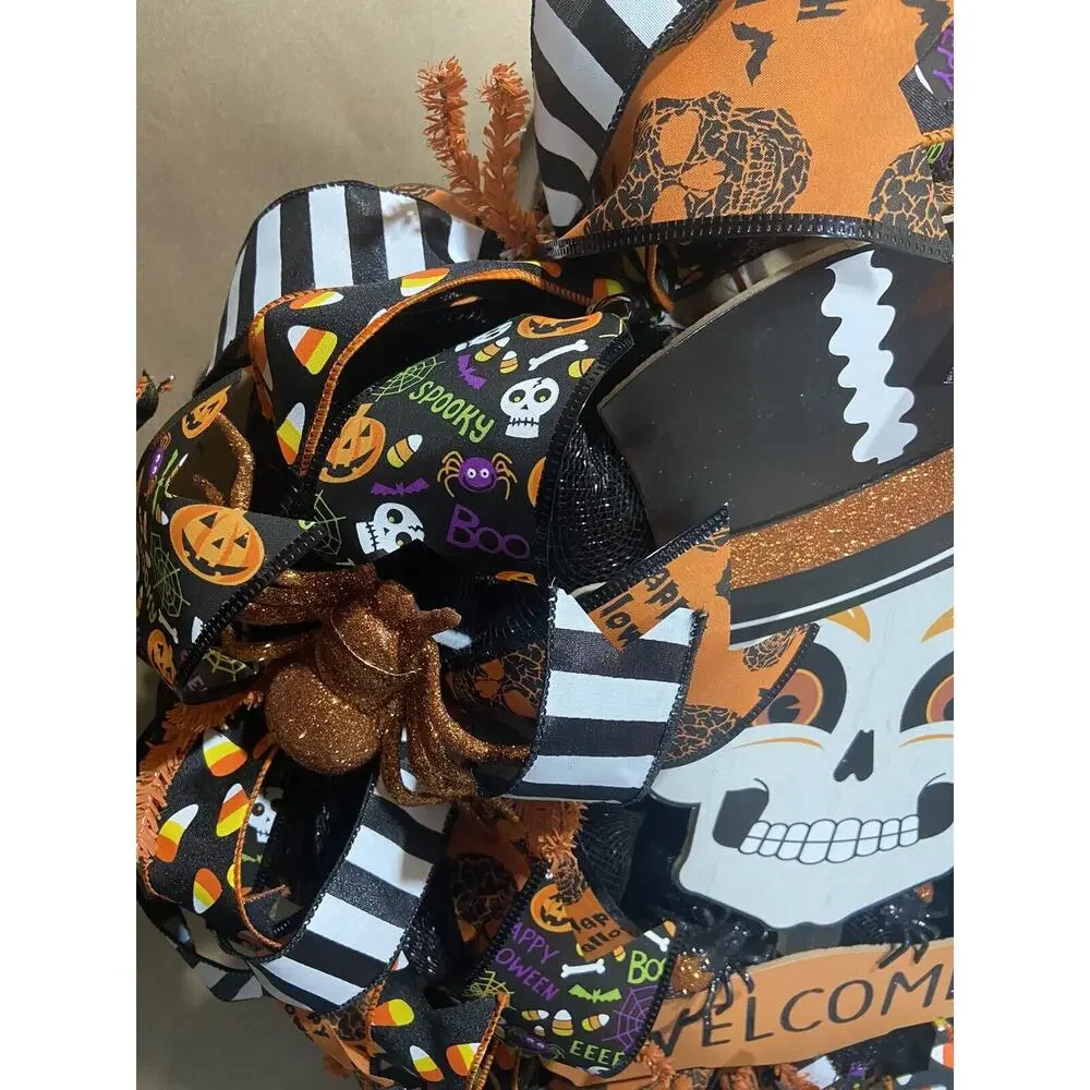 Halloween Deco Mesh Wreath~Skull, Spiders~Large~Front Door~Handmade